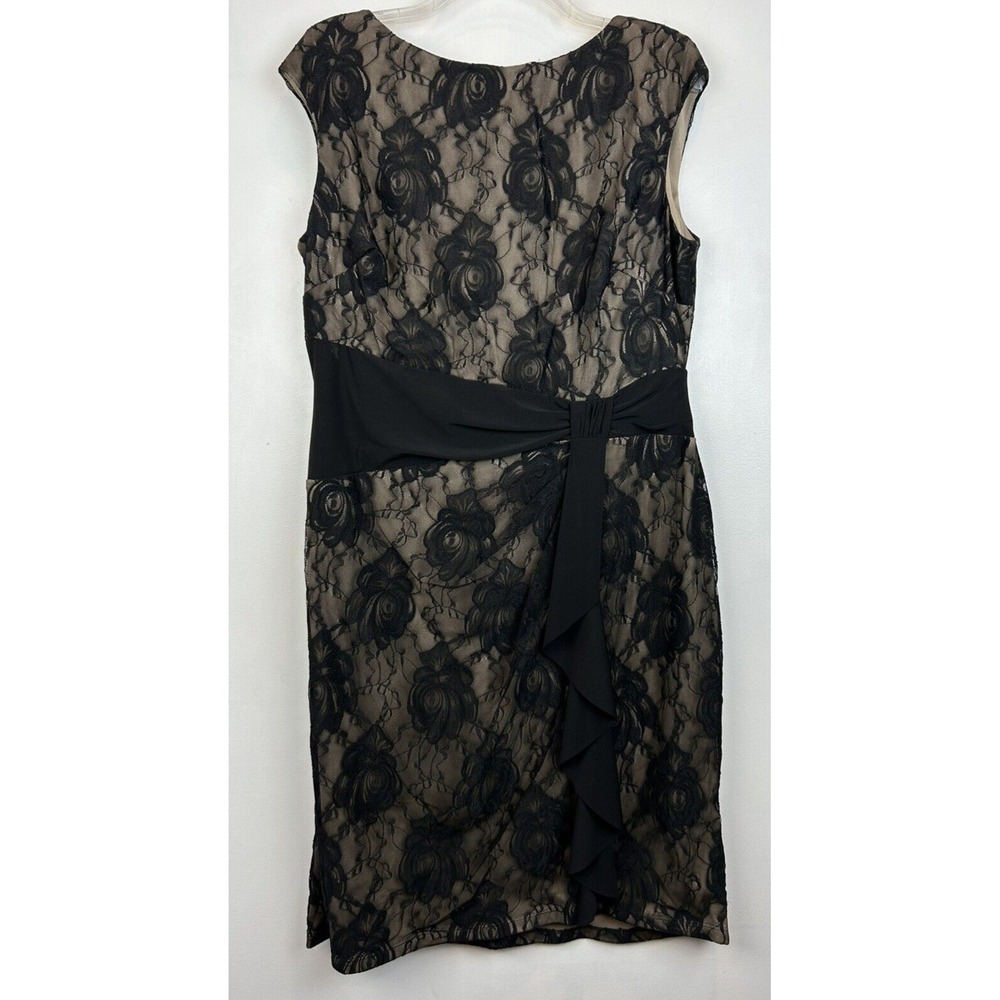 Chaps Dress Womens 14 Black Lace Overlay Beige Ruched Side Stretch High Neck